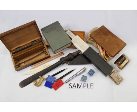 Collection of vintage stationery, pens, drawing apparatus, various other items