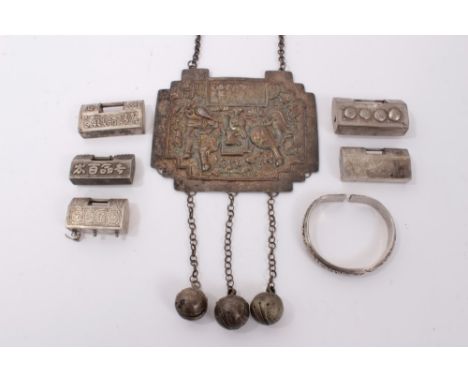 Antique Chinese silver necklace with an embossed plaque decorated with a dragon and figure, a Chinese white metal bangle and 