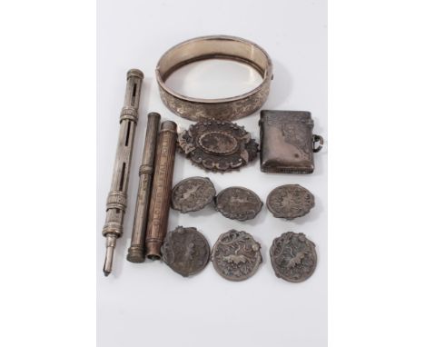 Group silver including a Victorian bangle, Victorian brooch, set of six buttons, three propelling pencils and a vesta case