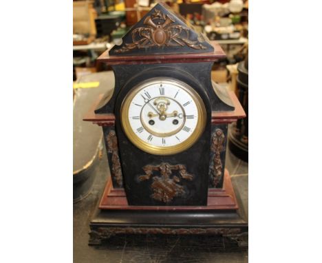 Large and impressive late 19th / early 20th century black slate mantel clock, architectural form with red marble accents and 