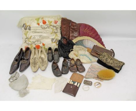 Selection of Victorian and later accessories including pair wedding shoes, pair leather dress shoes with steel cut buckles, c