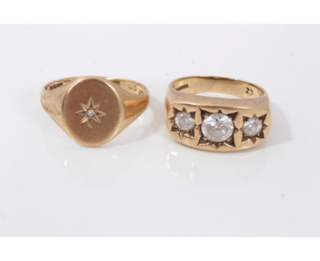 Gentleman's gold (9ct) diamond set signet ring, size T and gold (9ct) three synthetic white stone ring, size P½Condition repo