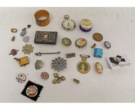 Royal commemorative badges, open faced pocket watch, Mauchline Ware napkin ring and sundries