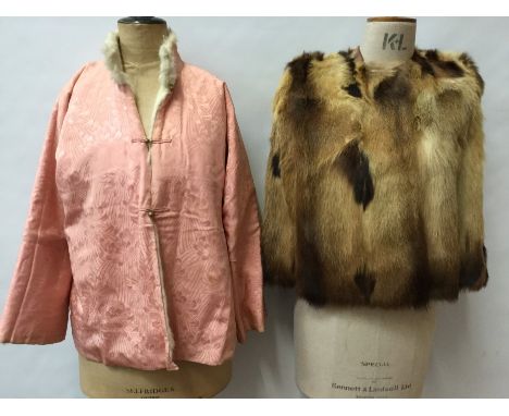 Early 20th century Chinese Ladies Winter pink silk brocade jacket with white fur lining. Red fox fur cape and matching muff a