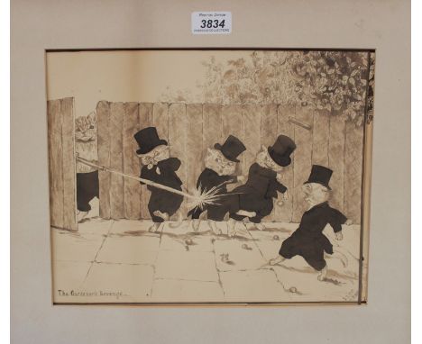After Louis Wain pen, ink and sepia wash drawing - The Gardener’s Revenge, initialled and dated 4.3.1903, mounted