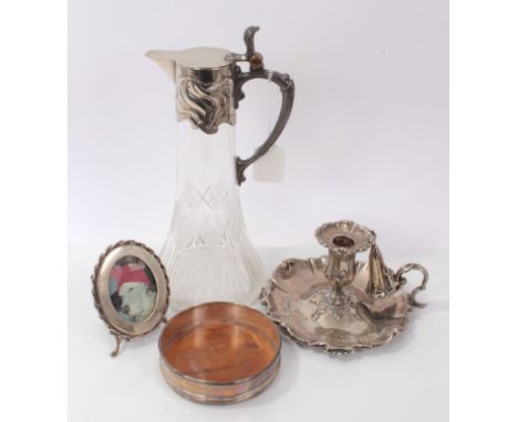 Art Nouveau silver plated and cut glass claret jug, 27cm, plated chamber candlestick, coaster and photo frame (4)
