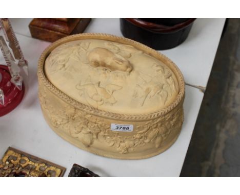 19th century Wedgwood caneware game pie dish and cover, of typical oval moulded form with rabbit finial, 31cm long