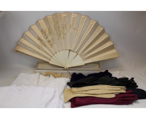 Three Christening gowns, Edwardian nightie, bone and silk fan plus some vintage gloves