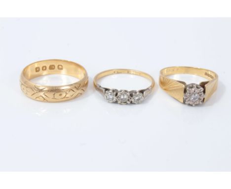 Gold (18ct) wedding ring, size P½, gold (18ct) diamond three stone ring, size M and gold (18ct) single stone ring in illusion