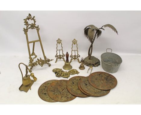 Three boxes of mixed metal ware including symphonion records, scales, flat irons, electric shock machine and other items