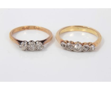 Diamond three stone ring and a diamond five stone ring (2).Condition report: three stone ring - old cut diamonds of reasonabl