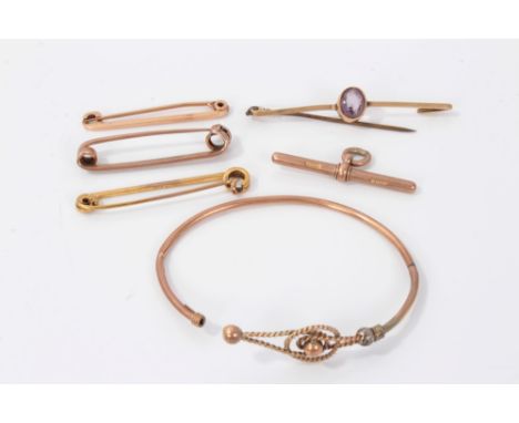 Four gold bar brooches, rose gold (9ct) watch chain bar and gold (9ct) bangleCondition report: Gold 9ct weighs 8.7g. Two gold