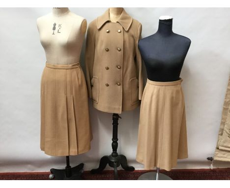 Ladies Burberrys' short jacket size 10, two Burberrys skirts. A wool camel 3/4 coat by Ormdale and two camel skirts by Jaeger