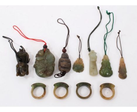 Chinese carved jade or green hardstone carving of a boy and fruit, another of a mythical beast, and others