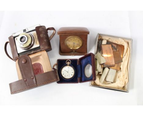 Gold plated open faced pocket watch in leather case, vintage travelling timepiece, collection of early 20th century brass eng