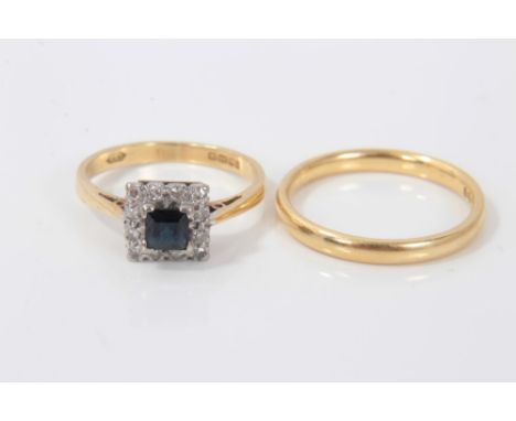 18ct gold sapphire and diamond cluster ring and an 18ct gold wedding ring.Condition report: sapphire ring weighs approximatel