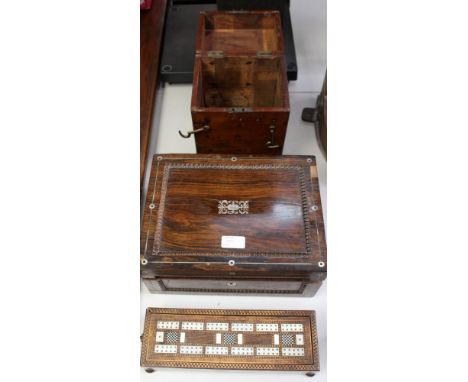 Regency inlaid rosewood cribbage box with parquetry decoration on bun feet 29cm, Regency rosewood needlework box with fitted 