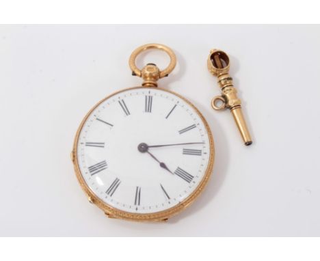 Gold (18ct) fob watch with white enamel dial and Roman numeral markers, in engraved floral scroll case, with winding keyCondi