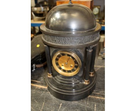 Victorian black slate mantel clock in impressive rotunda architectural case with classical relief frieze and Corinthian colum