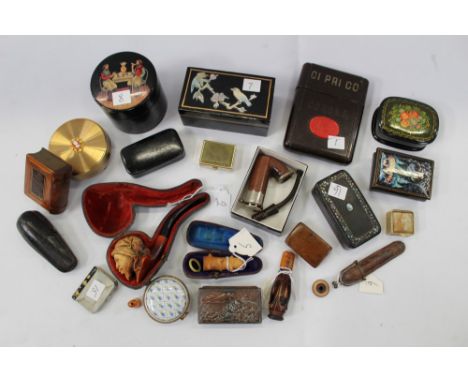 Collection of 19th century and later snuff and other boxes and vesta cases, 19th century Arab head pipe in case and cheroot h
