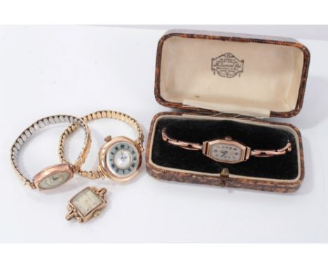 Rose gold (9ct) vintage ladies wristwatch on expandable bracelet in fitted case, gold (9ct) half hunter wristwatch on gold (9