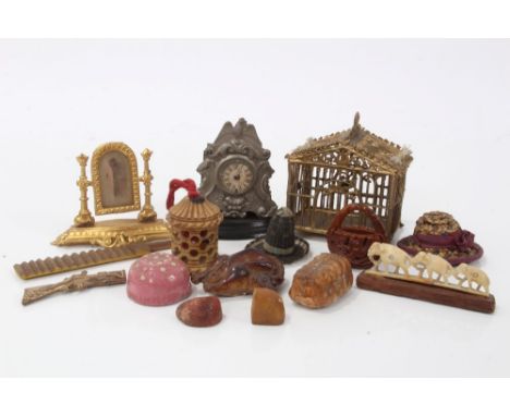Antique dolls house furnishings including bird cage, mangling board, mantel clock., easel mirror, papier mâché turkey, other 
