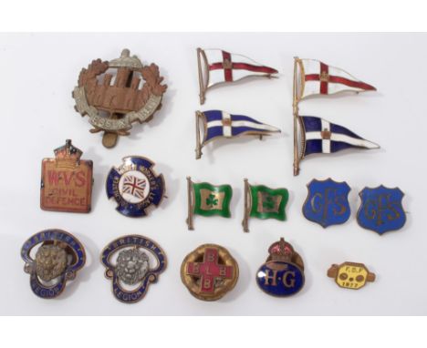 Collection of enamel pins and badges including four silver gilt enamelled pennants and two sterling silver green enamelled Ir