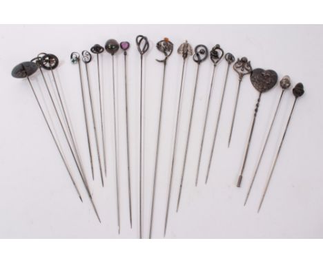 Eighteen Edwardian silver hatpins including Imperial Russian niellowork hatpin