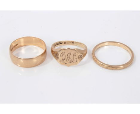 Two gold (9ct) wedding rings and gold (9ct) signet ring (3)Condition report: Thicker band ring size M½, other wedding ring P½