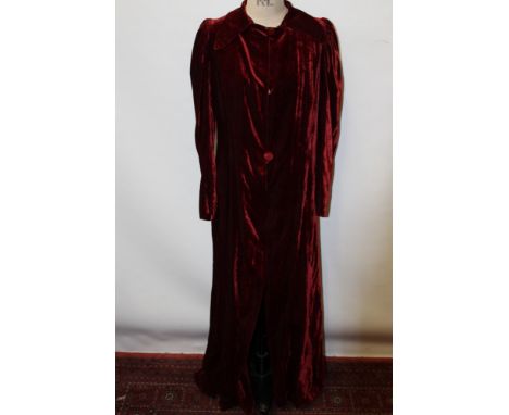 Ladies 1930s long claret velvet evening coat by Peter Jones, another similar but in heavy brocade with metallic thread, a lon