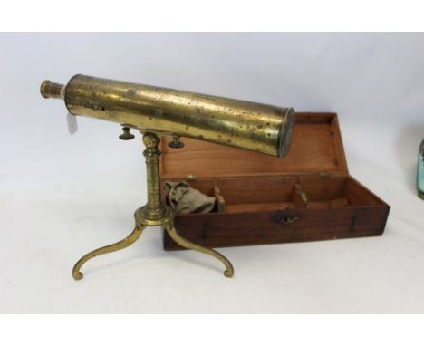 19th century brass telescope, with removable eyepiece, unsigned, 43cm long, detachable tripod stand, housed in original teak 
