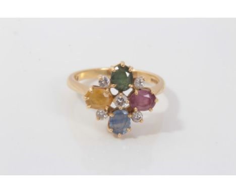 18ct gold diamond and gem-set cluster ring, finger size NCondition report: Gross weight approximately 4.6 grams, estimated to