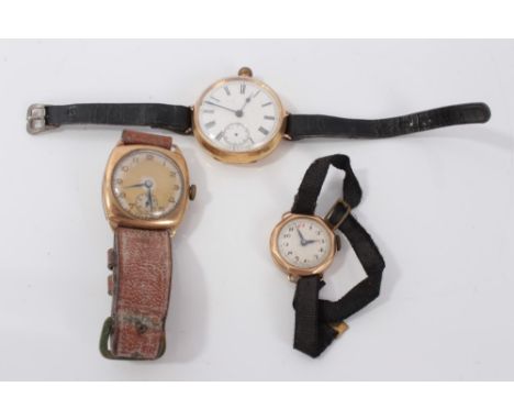 Gold (18ct) fob watch with white enamel dial and Roman numeral markers, on black leather strap, together with two gold (9ct) 