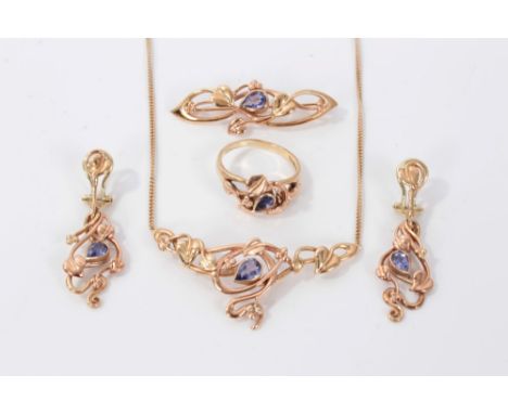 Suite of Welsh 14ct gold and tanzanite jewellery to include necklace, brooch, ring and pair of earrings, each with a Celtic d