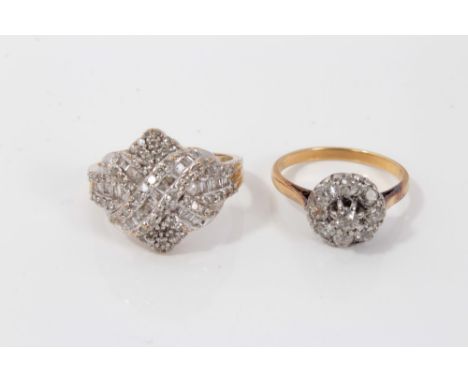 Ladies 9ct gold diamond cluster ring together with another (2)