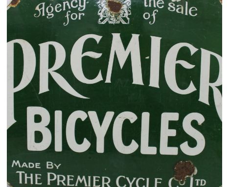 Double-sided enamel advertising sign with canted corners 'Agency for the sale of Premier Bicycles made by The Premier Cycle C