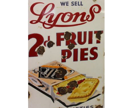 Rectangular enamel advertising sign 'We sell Lyons 2d Fruit Pies Many Varieties', 87.5cm overall height