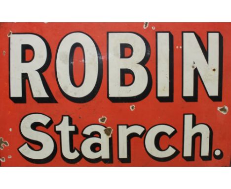 Rectangular enamel advertising sign in an oak frame 'Robin Starch', 98cm overall width