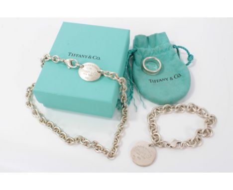 Group of Tiffany &amp; Co. silver jewellery to include ring, identity necklace and bracelet, in box with pouch