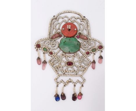 19th Century Chinese seed pearl and gem set pendant plaque, the openwork basket shape panel with a central carved jade/green 