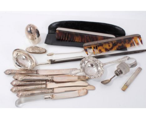 Mixed lot to include a Georgian silver punch ladle with whalebone handle, mid 18th century silver sugar tongs with acorn fini