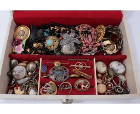 Lot of vintage costume jewellery including three gold bar brooches, cameos, Miracle brooch, bead necklaces and other bijouter