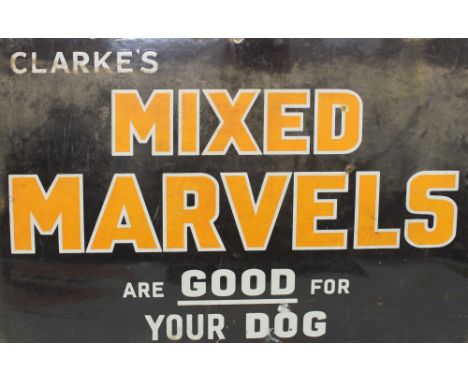 Rectangular enamel advertising sign 'Clarke's Mixed Marvels are good for your dog', 66cm overall width