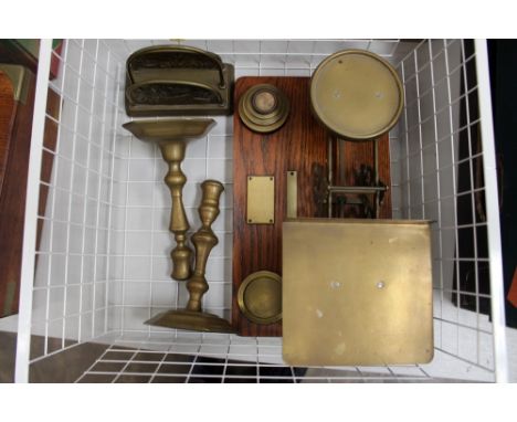 Brass letter / Parcel scales, brass letter rack and brass candlesticks (3)