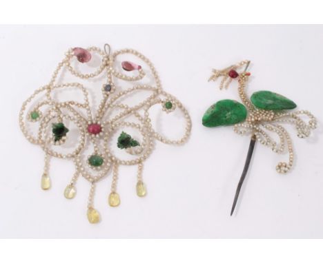 19th Century Chinese hair ornament with two carved jade/hardstone panels and seed pearls, 12cm together with a Chinese seed p
