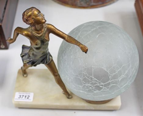 Art Deco table lamp with gilt metal female figure mount, crazed glass globular shade on rectangular alabaster base 22cm