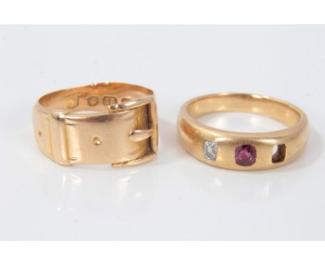 Gold (18ct) buckle ring and a yellow metal diamond and ruby ring (one stone missing). Both size KCondition report: Gold (18ct