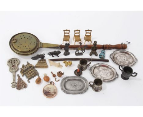 Group of novelty antique miniature dolls house pieces, including Samurai sword, bed pan, chamber stick, purses, silver plated