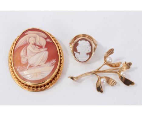 Cameo brooch in gold mount, cameo ring in gold mount and a 9ct gold mistletoe brooch (3)Condition report: cameo ring - 9ct go