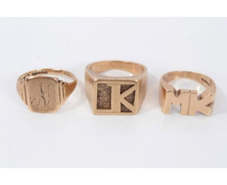 Gold (9ct) signet ring, size P, gold (9ct) 'MK' initial ring, size J and one other yellow metal 'JK' initial ring, size Q.Con